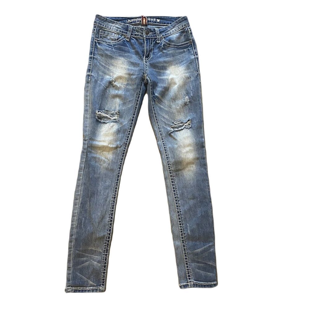 Revolution By Revolt Denim Skinny Jeans ~ Sz 7 ~ Blue ~ Mid Rise ~ Distressed